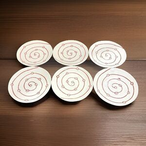 Crate & Barrel Set of 6 Porcelain 6" Bread Plates - White Red Spiral Floral